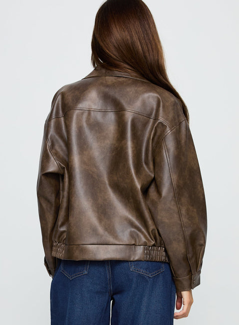 Mixtape Faux Leather Collared Jacket Brown