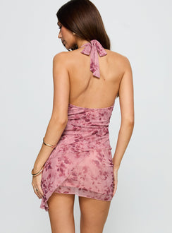 back view of model wearing Princess Polly Love Deluxe Halter Mini Dress Pink Floral Plunger 
