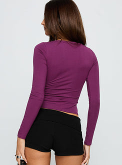 back view of model wearing Princess Polly Count Me In Long Sleeve Top Plum Full Sleeves Scoop Neck 