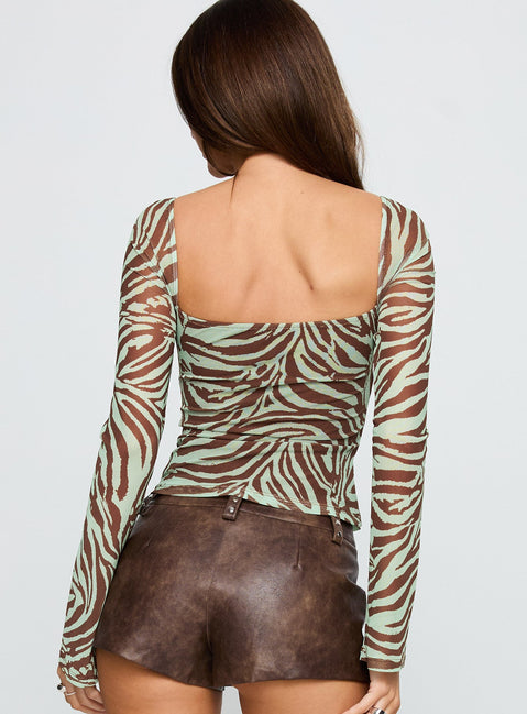 Cielo Mesh Long Sleeve Top Green / Brown Zebra