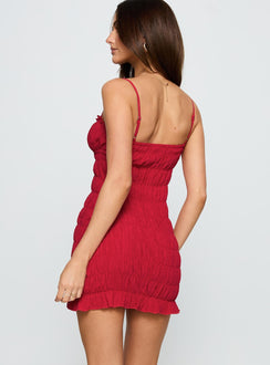 back view of model wearing Princess Polly Agent Of Love Shirred Mini Dress Red Sweetheart Neckline 