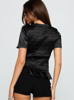 back view of model wearing Princess Polly Wildrose Shirred Top Black Short Sleeves Crew Neck 