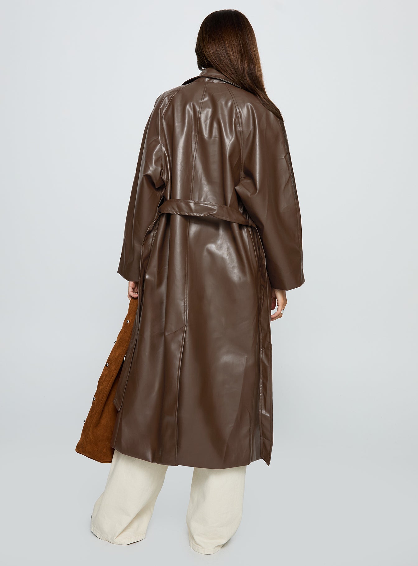 Dime A Dozen Faux Leather Trench Coat Brown