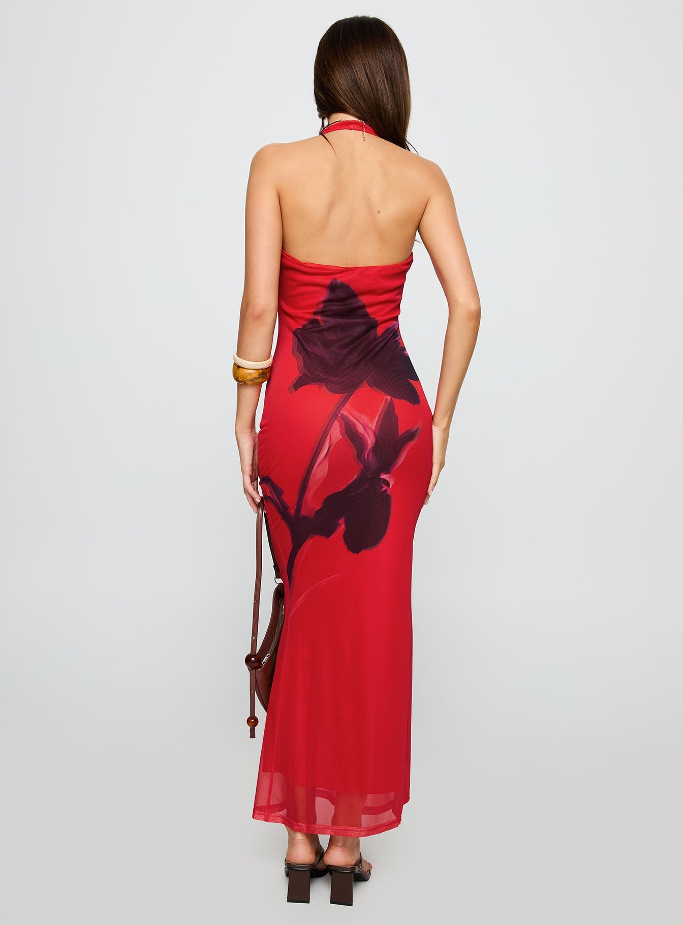 back view of model wearing Princess Polly Bittersuite Cowl Maxi Dress Multi Cowl Neck 