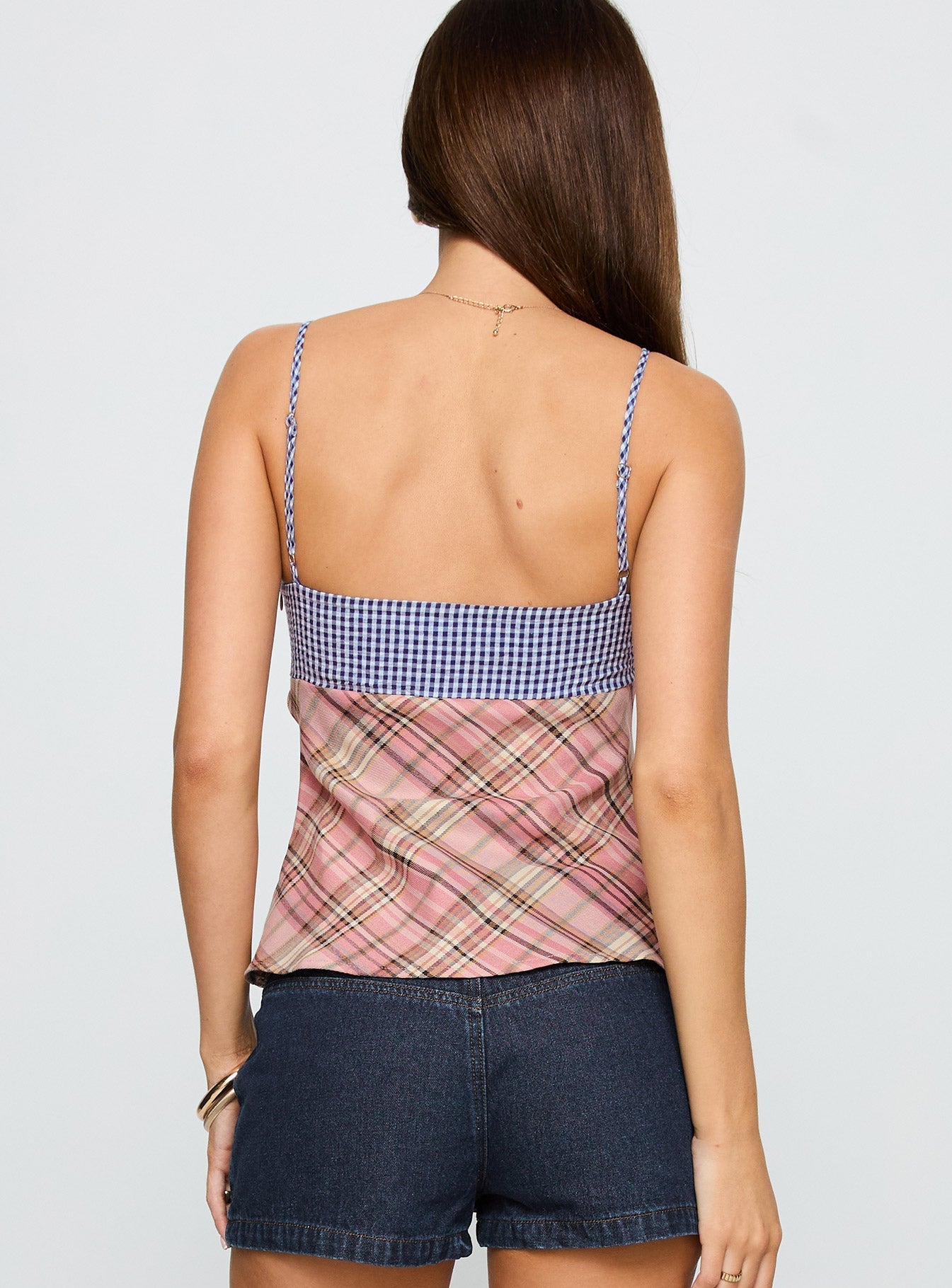 back view of model wearing Princess Polly Petallic Patchwork Top Multi Sleeveless Sweetheart 