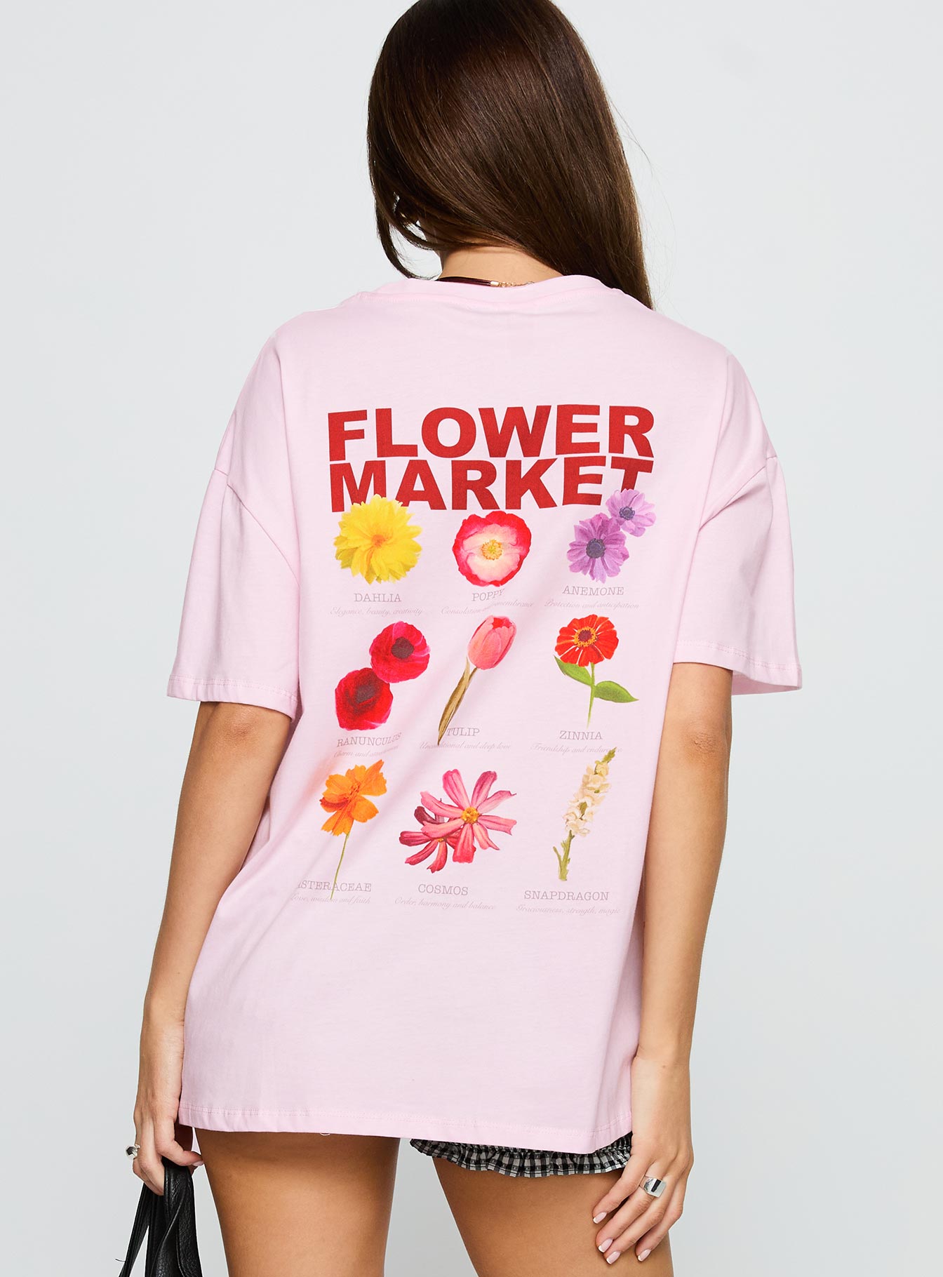 back view of model wearing Princess Polly Flower Chart Oversized Tee Pink Half Sleeves Crew Neck 