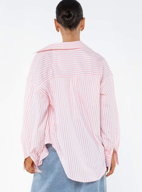 Front view of model wearing  front Princess Polly Full Sleeves Crew Neck  Swindon Shirt Pink Stripe
