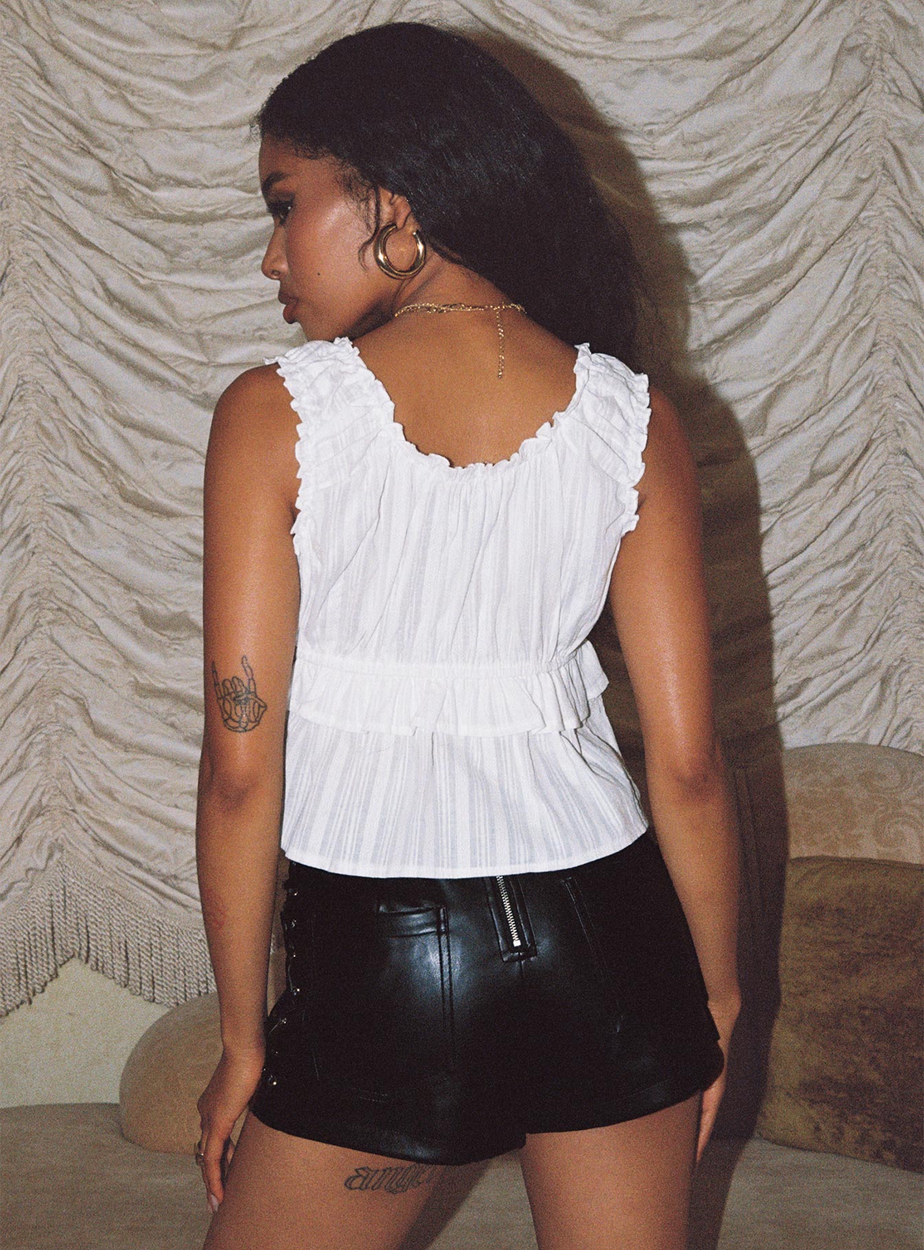 back view of model wearing Princess Polly Thoren Top White Sleeveless Scoop Neck 