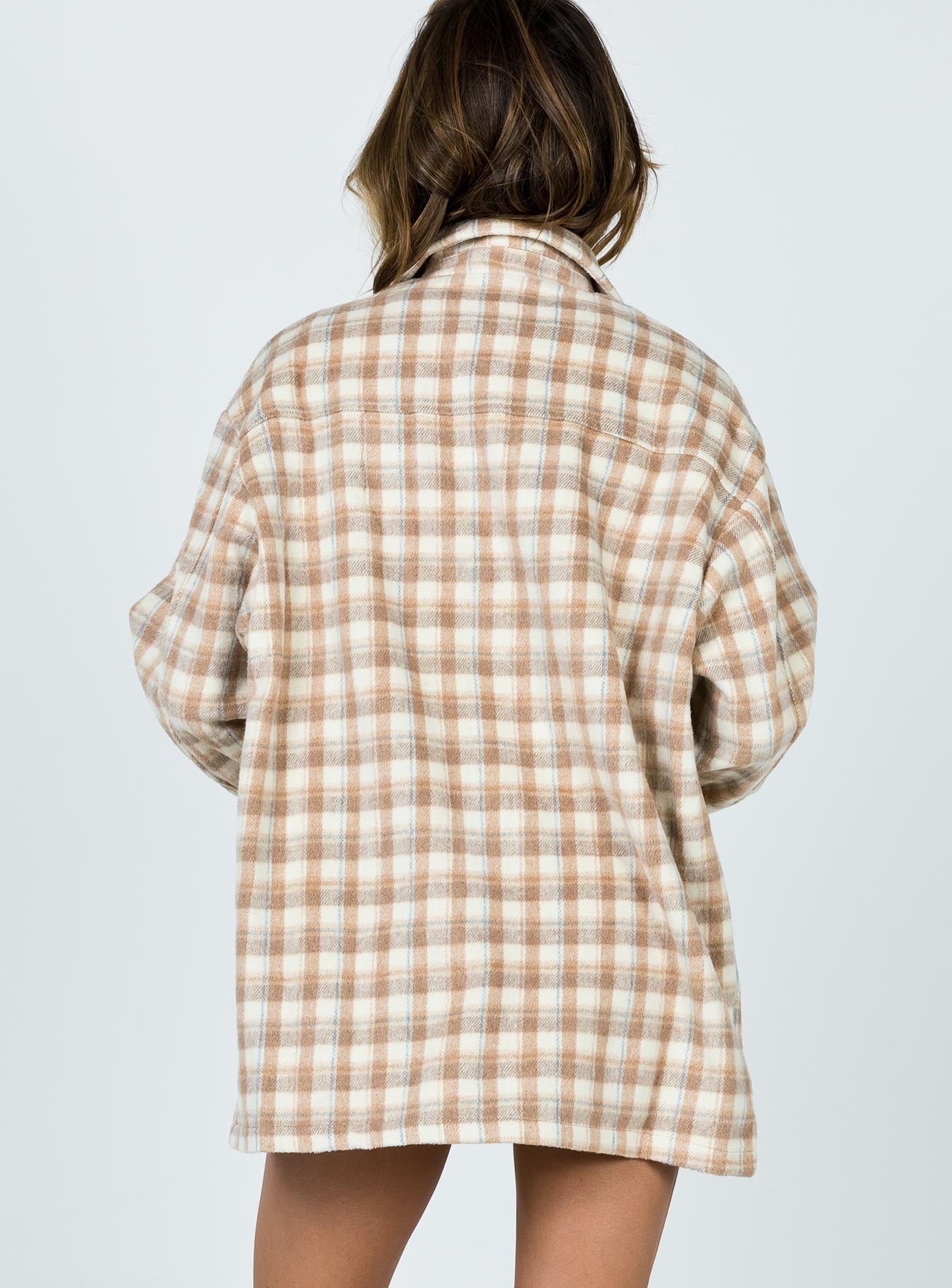 Oversized shirt jacket, beige plaid print, button up, long sleeve, oversized design
