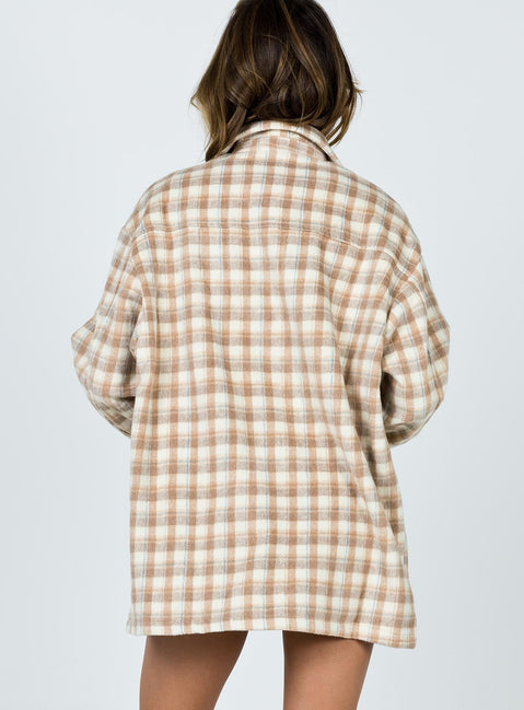 Oversized shirt jacket, beige plaid print, button up, long sleeve, oversized design