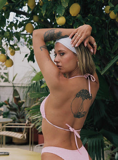 Pink bikini top Triangle style Tie fastenings Shirred design Removable padding Fully lined