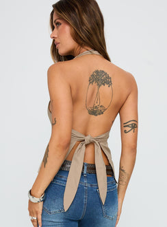 back view of model wearing Princess Polly Millbank Top Taupe Sleeveless Plunger 