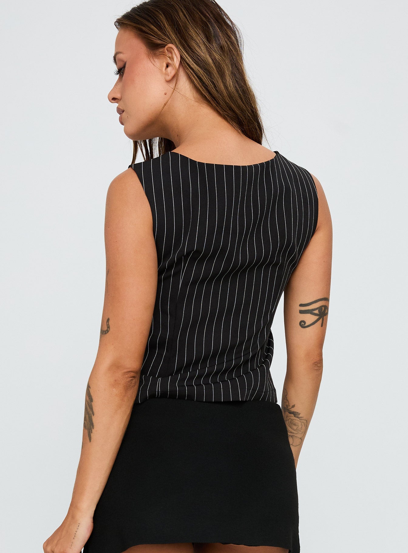 For The Weekend Top Black Pinstripe