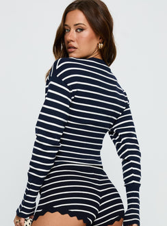 back view of model wearing Princess Polly Head In The Clouds Cardigan Navy Stripe Cropped 