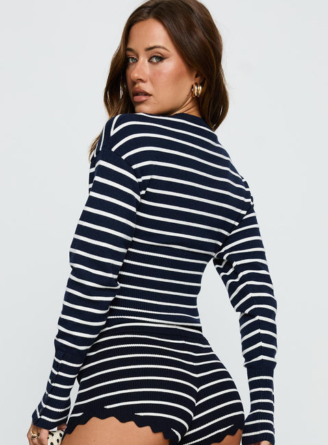 back view of model wearing Princess Polly Head In The Clouds Cardigan Navy Stripe Cropped 