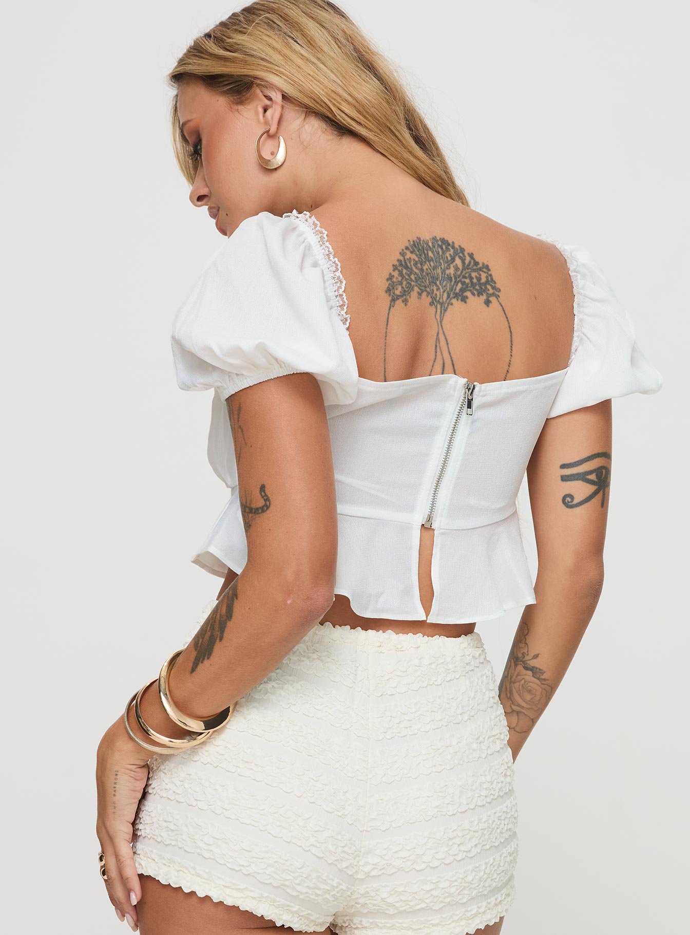 back view of model wearing Princess Polly Tovar Top White Short Sleeves Square Neck 
