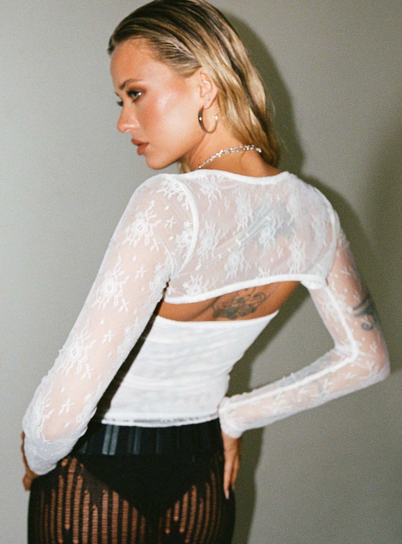 Front view of model wearing  front Princess Polly Full Sleeves Square Neck  Ashwood Two Piece Lace Bolero Top White Low Impact