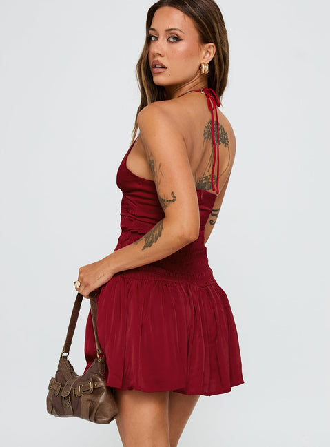 back view of model wearing Princess Polly Mariachi Mini Dress Red V-Neck 