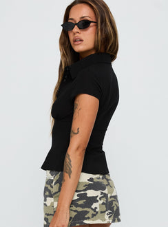 side view of model wearing Princess Polly Cottesloe Blouse Top Textured Black Short Sleeves V-Neck 