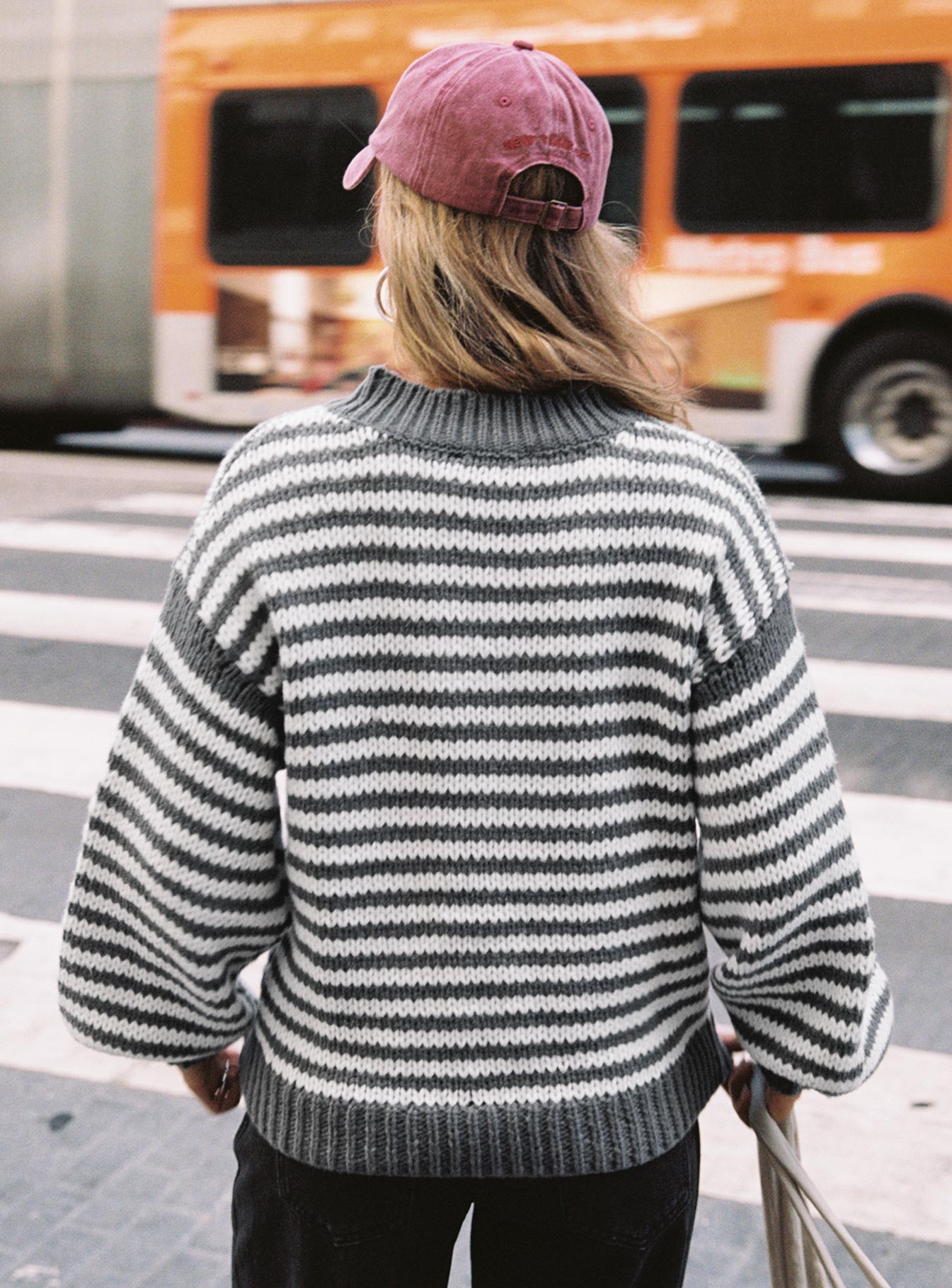 back view of model wearing Princess Polly Soloman Sweater Grey Stripe Long 