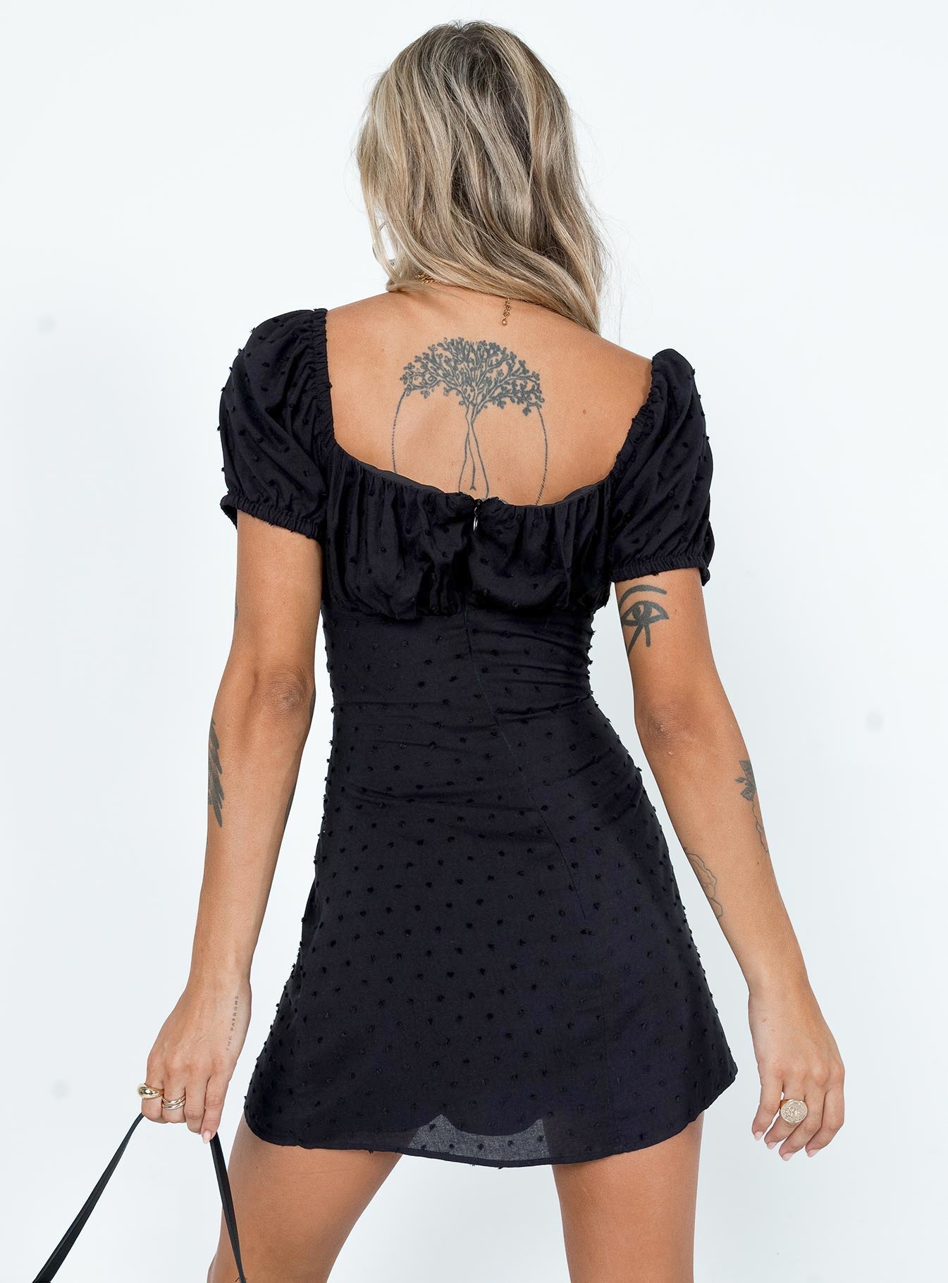 back view of model wearing Princess Polly Fauci Mini Dress Black Square Neck 