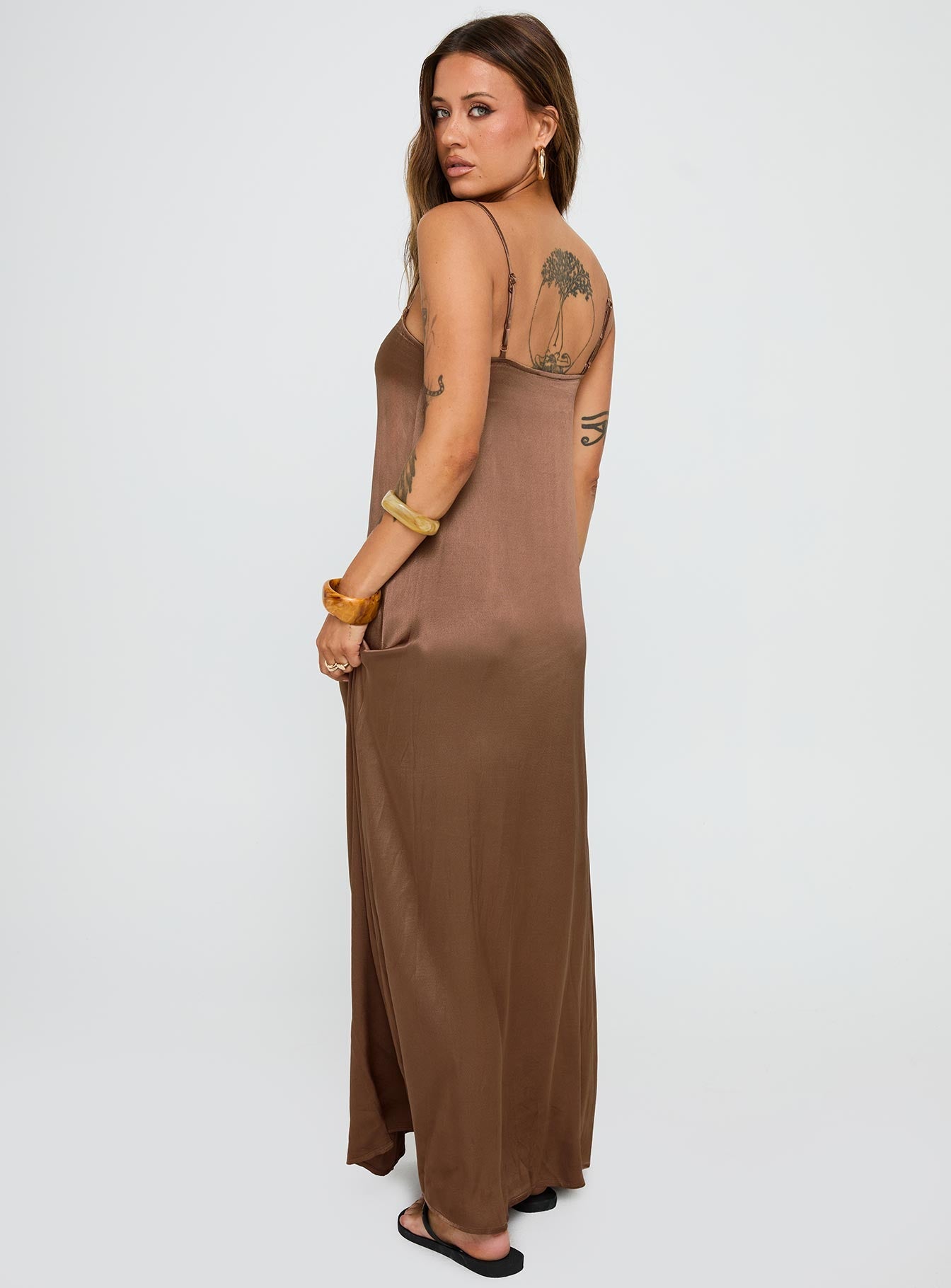 back view of model wearing Princess Polly Apple Cider Maxi Dress Brown Square Neck 