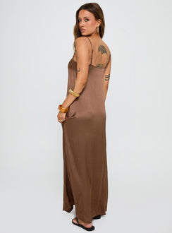 back view of model wearing Princess Polly Apple Cider Maxi Dress Brown Square Neck 