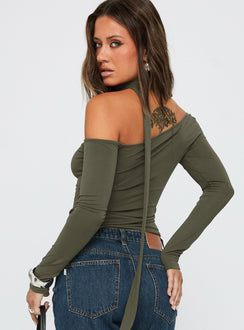 Radio Silent Scarf Tie Long Sleeve Top Dark Green