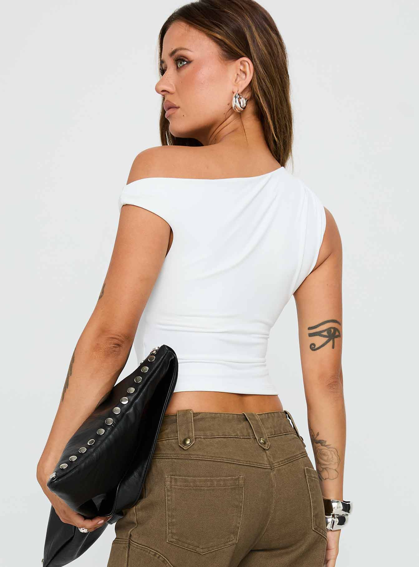 back view of model wearing Princess Polly Danza Top White Short Sleeves Asymmetric Neckline 