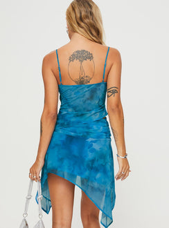 Floral two-piece set Cowl neck top, adjustable shoulder straps, invisible zip fastening at side, asymmetric hem Mid-rise mini skirt, ruching at waist, invisible zip fastening at side, asymmetric hem