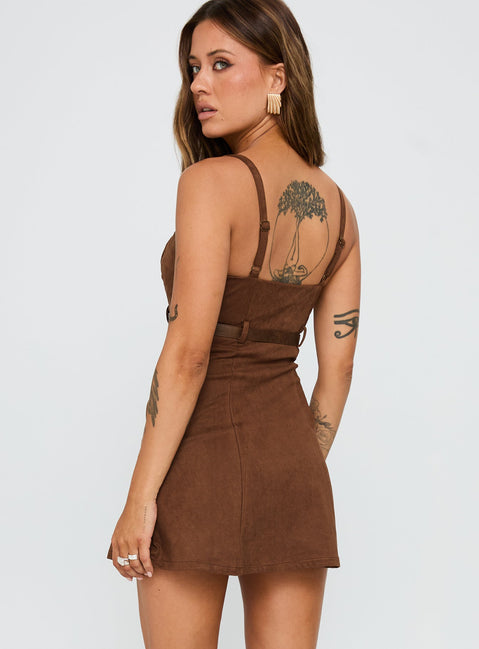 back view of model wearing Princess Polly Way Back In Faux Suede Mini Dress Brown Square Neck 