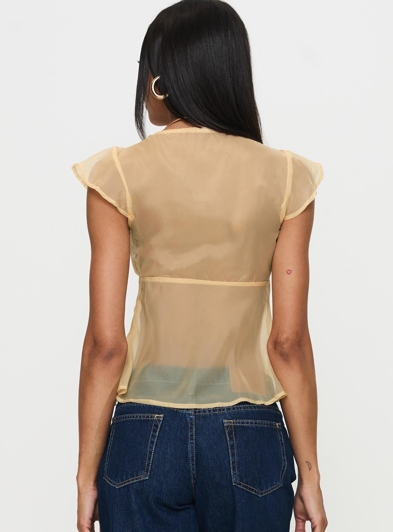 back view of model wearing Princess Polly Keysia Cap Sleeve Sheer Top Apricot Short Sleeves Plunger 