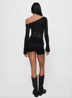 back view of model wearing Princess Polly Tiberius Lace Asymmetrical Long Sleeve Top Black Full Sleeves Asymmetric Neckline 