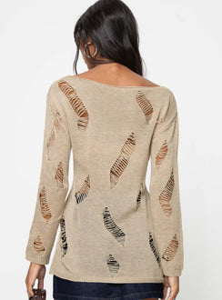 Distressed sweater, slim-fitting  Wide neckline, cut-out hem
