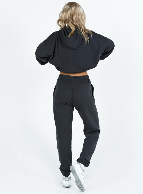 Pants Elasticated waist and cuffs Twin hip pockets Straight leg Good stretch