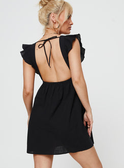 Plunge neck mini dress Cap sleeve, elasticated waistband, ruched skirt, tie fastening at back of neck Non-stretch material, unlined 