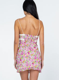 back view of model wearing Princess Polly Emilee Mini Dress Pink Floral Sweetheart Neckline 