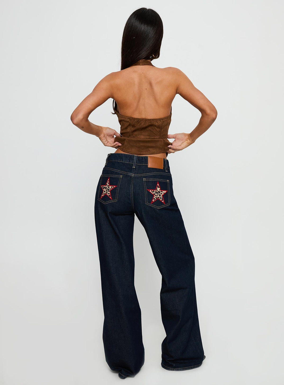 back view of model wearing Princess Polly Favourite Reference Mid Rise Straight Leg Jeans Dark Indigo Mid Rise Jeans Jeans 