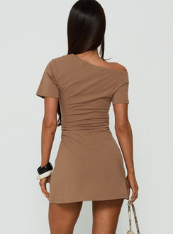 Avriana Off Shoulder T-Shirt Mini Dress Brown