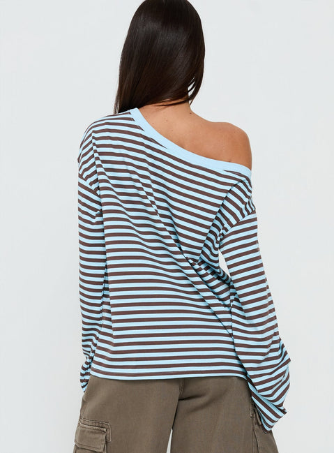 Settle Down One Shoulder Long Sleeve Top Chocolate / Blue Stripe