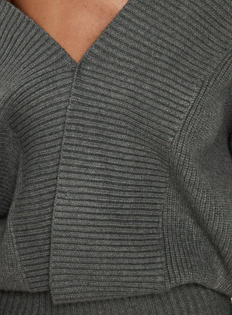 Jolanda Long Sleeve Plunge Knit Mini Dress Charcoal