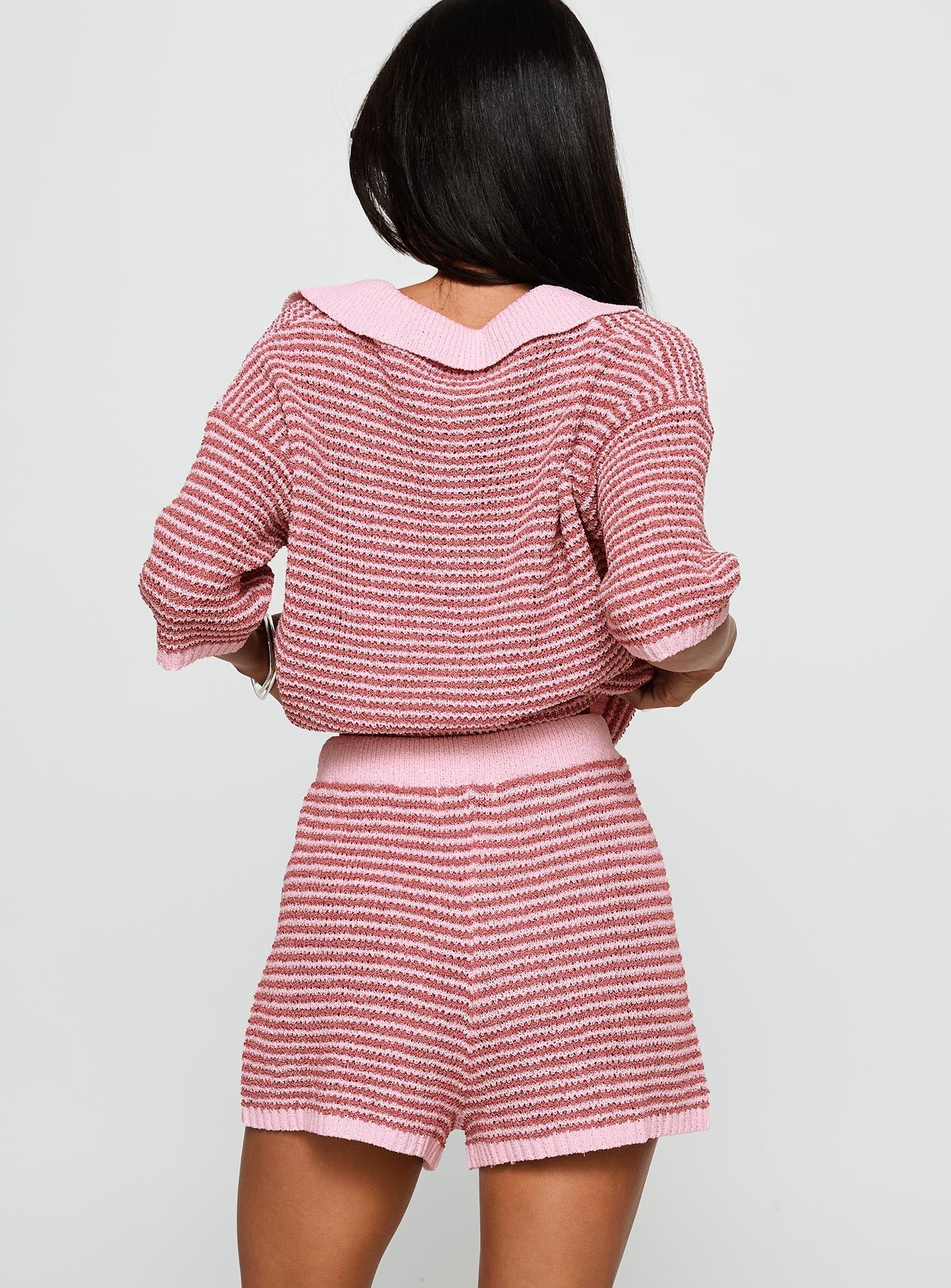 back view of model wearing Princess Polly Pacifique Crochet Shorts Pink Multi High Waisted Shorts 