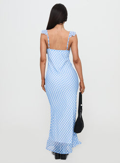 back view of model wearing Princess Polly Brigette Maxi Dress Blue Gingham Plunger 