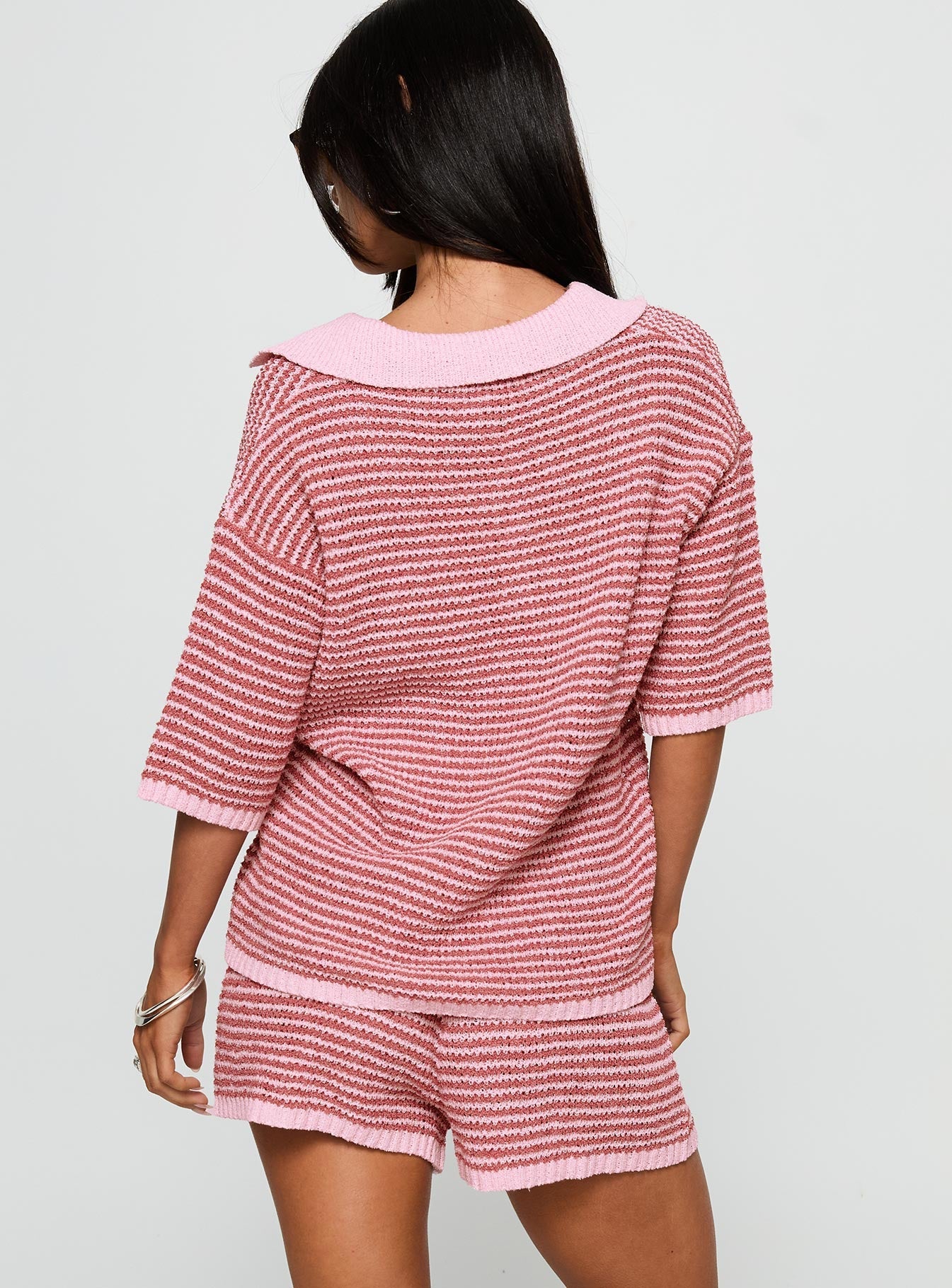 back view of model wearing Princess Polly Veloria Collared Top Pink Stripe Half Sleeves V-Neck 