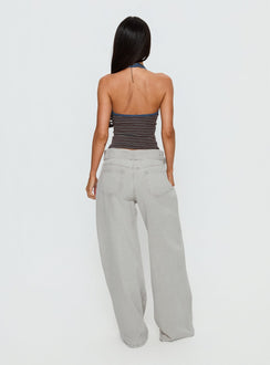 back view of model wearing Princess Polly Katlin Mid Rise Wide Leg Buckle Detail Jeans Grey Wash Mid Rise Jeans 