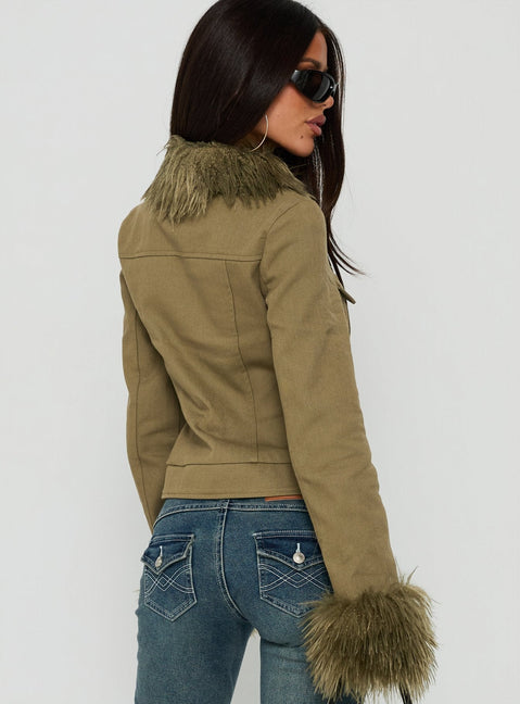 Nindie Faux Fur Contrast Jacket Green
