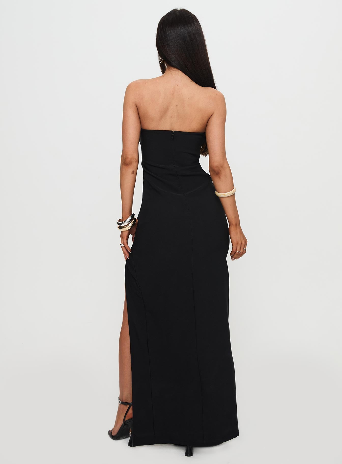 back view of model wearing Princess Polly Reckless Abandon Strapless Maxi Dress Black Straight Neck 