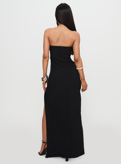 back view of model wearing Princess Polly Reckless Abandon Strapless Maxi Dress Black Straight Neck 