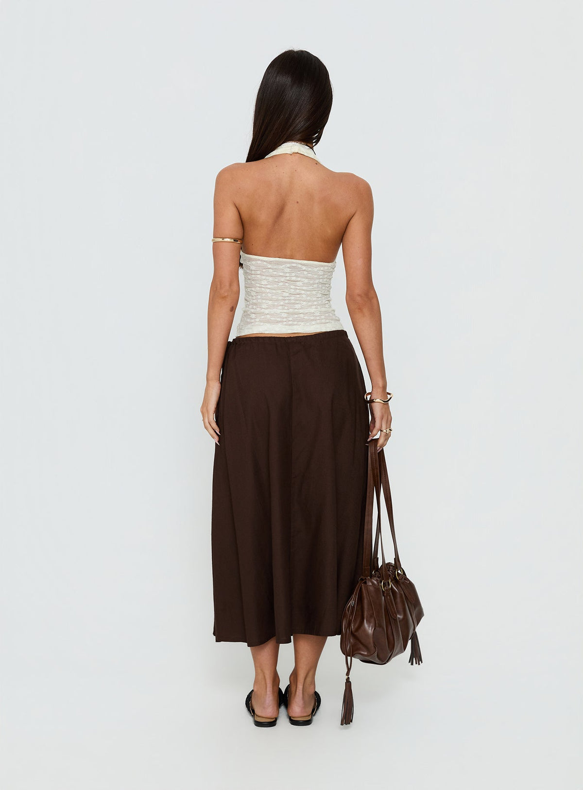 back view of model wearing Princess Polly Persuasion Tie Side Midi Skirt Chocolate Midi Skirts Skirts 