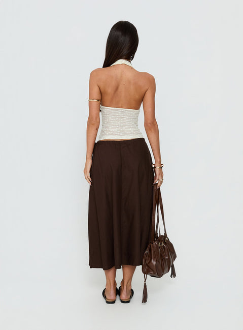 back view of model wearing Princess Polly Persuasion Tie Side Midi Skirt Chocolate Midi Skirts Skirts 